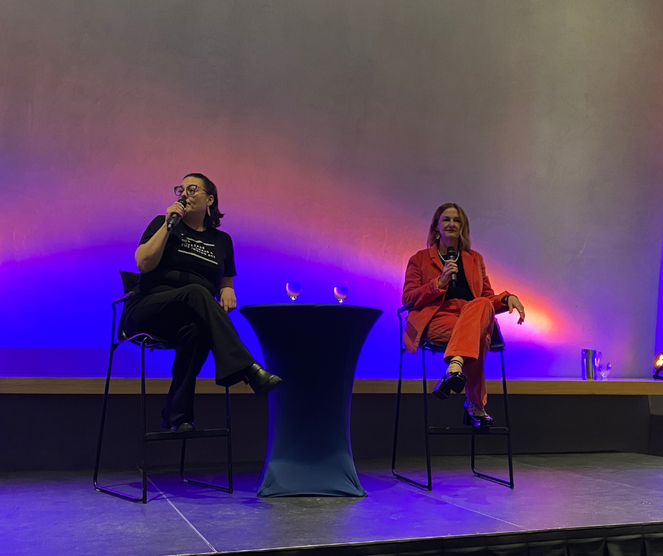 Jasmine Tara and Clare MacKay speaking at a WeMB Business Breakfast